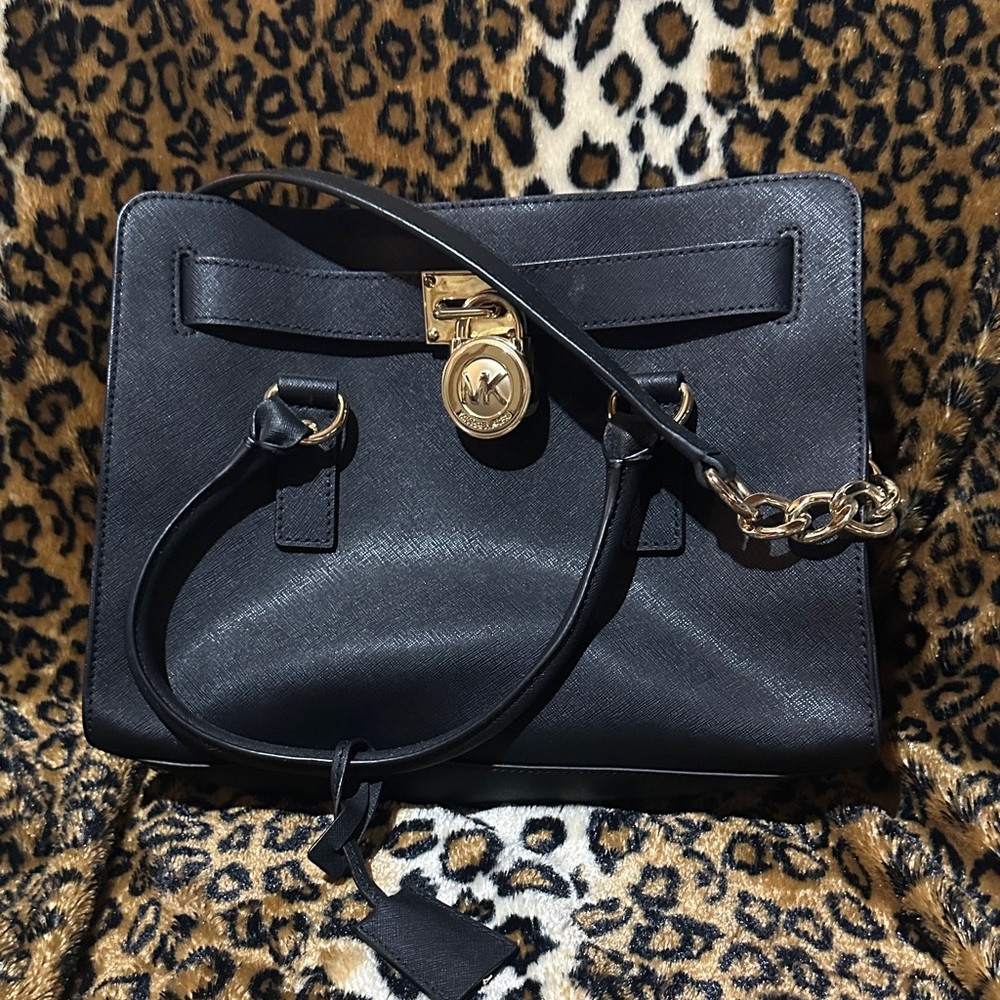 Michael Kors Black Saffiano Satchel with Gold Hardware and MK Lock